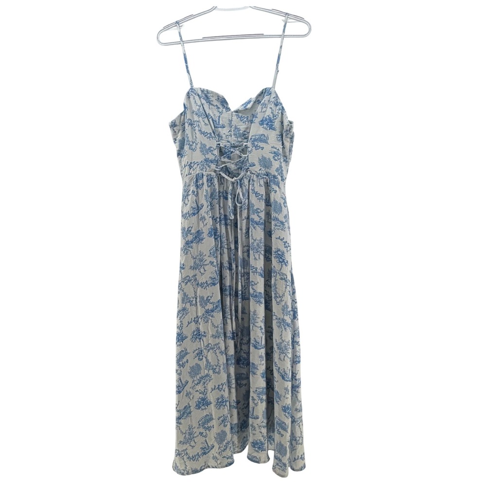 ROW A Toile Midi Dress Women Large Blue White Tie Corset‎ Fairy Cottage Romantic